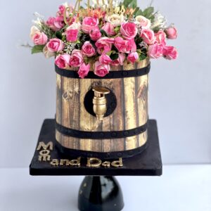 Floral whiskey barrel cake